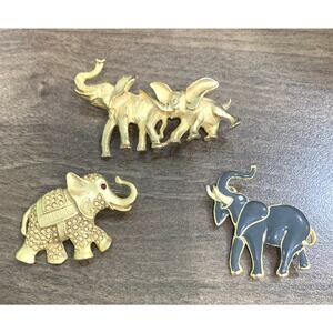 3 Vintage Happy ELEPHANT Pins Brooches Gold Black